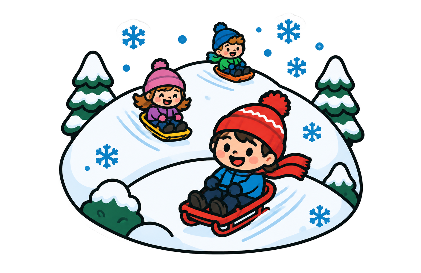 Illustration: Kinder rodeln einen verschneiten Hügel hinunter
